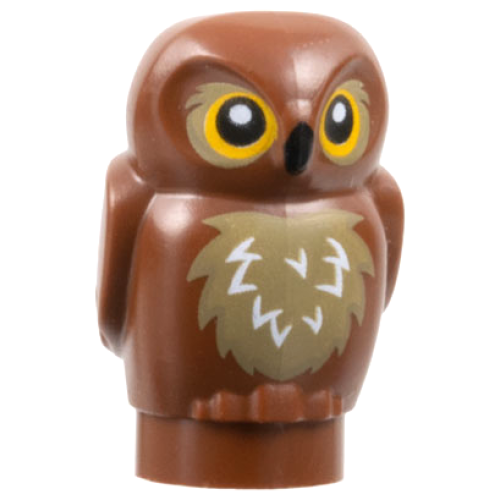 Деталь LEGO 3753pb01 Owl, Small with Bright Light Orange Eyes, Dark Tan Chest Feathers with White Highlights, Black Beak Pattern
