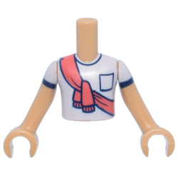 Torso Mini Doll Boy White T-Shirt with Black Pocket and Trim and Coral Scarf Pattern, Medium Tan Arms with Hands with White Short Sleeves and Black Trim