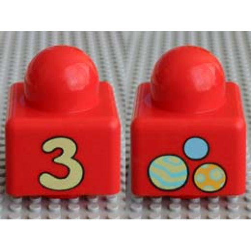 Деталь LEGO 49256px7 Primo Brick 1 x 1 with Number 3 and Balls Pattern on Opposite Sides