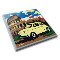Tile 6 x 6 with Bottom Tubes with Yellow Fiat 500, Colosseum and White Signature Pattern (Sticker) - Set 10271