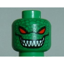 Minifigure, Head Alien with Red Eyes, Grin with Sharp Teeth, Reptile Scales Pattern