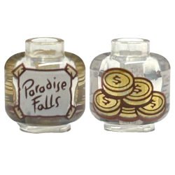 Minifigure, Head without Face with White Label with Reddish Brown 'Paradise Falls' and Tan Tape, Gold Coins on Back Pattern