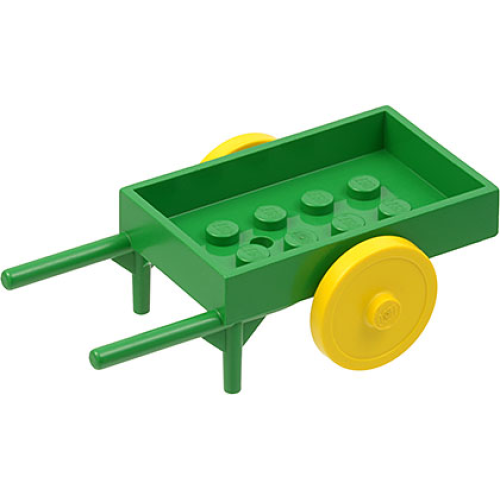 Деталь LEGO fabad6c01 Fabuland Utensil Wheelbarrow, Rectangular with Yellow Wheel Pair Large with Center Stud with Fixed Red Axle (fabad6 / fabwheel2) - Green