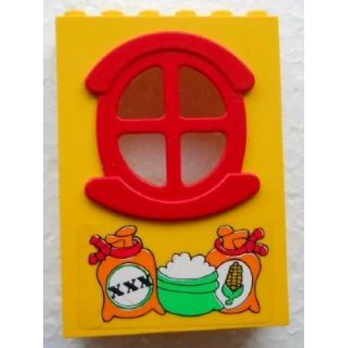 Деталь LEGO x635c01pb12 Fabuland Building Wall 2 x 6 x 7 with Round Symmetric Red Window with 3 Sacks Pattern on front (Sticker) - Set 3667
