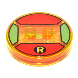 Dimensions Toy Tag 4 x 4 x 2/3 with 2 Studs and Trans-Orange Bottom with Yellow Capital Letter R in Black Circle on Red Background Pattern (Robin) Dimensions Toy Tag 4 x 4 x 2/3 with 2 Studs and Trans-Orange Bottom with Yellow Capital Letter R in Black Circle on Red Background Pattern (Robin)