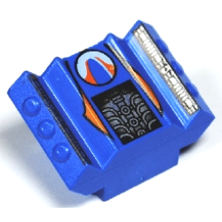 Brick, Modified 2 x 2 No Studs, Sloped with Angled Side Block Extensions with Surfer Circle Logo, Machinery on Black Background, Orange Stripes Pattern Brick, Modified 2 x 2 No Studs, Sloped with Angled Side Block Extensions with Surfer Circle Logo, Machinery on Black Background, Orange Stripes Pattern