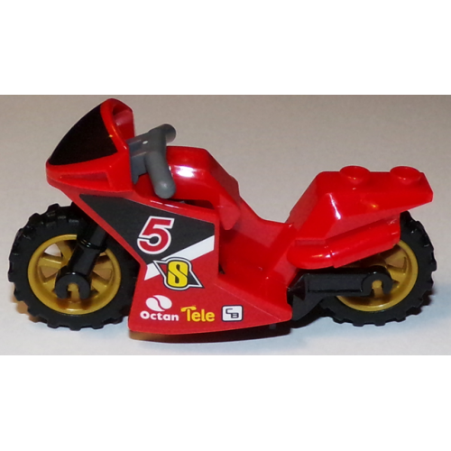 Деталь LEGO 18895c01pb03 Motorcycle Sport Bike with Black Windshield Pattern, Black Frame, Pearl Gold Wheels and Dark Bluish Gray Handlebars with Number 5 and Octan Logo Pattern on Both Sides (Stickers) - Set 60084