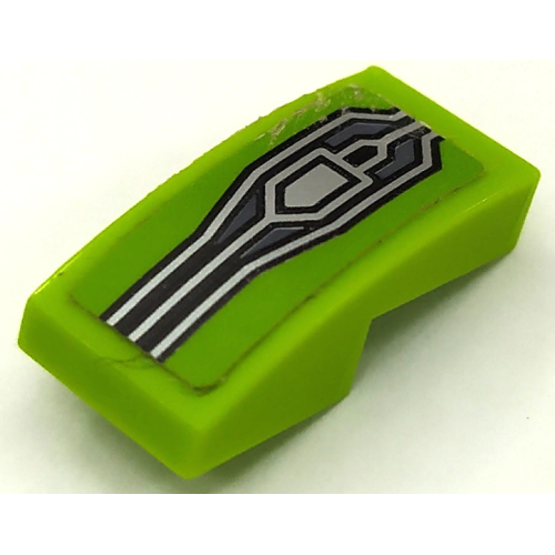 Деталь LEGO 11477pb155 Slope, Curved 2 x 1 x 2/3 with Armor Plate with Black and Silver Lines on Lime Background Pattern (Sticker) - Set 70325