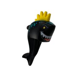 Minifigure, Head, Modified Shark with Yellow Spiked Hair, Fin, Tail, Dark Turquoise Spots and Wide Grin with Teeth, Coral Tongue Pattern