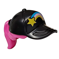 Minifigure, Hair Combo, Hair with Hat, Ponytail with Molded Black Ball Cap and Printed Dark Azure, Bright Pink and Yellow Rainbow and Star Pattern Minifigure, Hair Combo, Hair with Hat, Ponytail with Molded Black Ball Cap and Printed Dark Azure, Bright Pink and Yellow Rainbow and Star Pattern