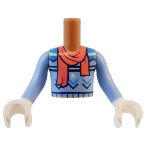 Деталь LEGO FTBpb104c01 Torso Mini Doll Boy Bright Light Blue Sweater with White, Dark Azure and Dark Blue Stripes, Zigzag Lines and Diamonds with Coral Scarf Pattern, Bright Light Blue Arms / Sleeves with White Hands / Gloves