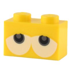 Brick 1 x 2 with Black and Dark Bluish Gray Eyes Partially Closed on White Background Pattern (Super Mario Baby Yoshi) - Yellow