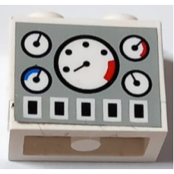 Stickered Assembly 2 x 1 x 1 2/3 with Control Panel with 5 Gauges and Buttons on Light Gray Background Pattern (Sticker) - Set 5571 - 1 Plate 1 x 2, 1 Brick 1 x 2
