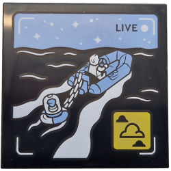 Tile 4 x 4 with 'LIVE' Broadcast with Bright Light Blue Rubber Raft and Sky, Black Sea, White Minifigure, Stars and Waves, Yellow Icon with Clouds Pattern