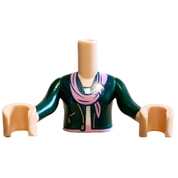 Torso Mini Doll Girl Dark Green Jacket Open with Gold Pocket and Zippers over White Top, Bright Pink Belt and Scarf Pattern, Light Nougat Arms with Hands with Dark Green Long Sleeves