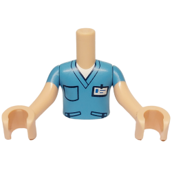 Torso Mini Doll Boy Medium Blue Scrubs Top with Dark Blue Pockets and White ID Badge Pattern, Light Nougat Arms with Hands with Medium Blue Short Sleeves