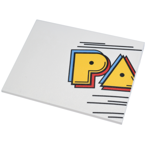 Деталь LEGO 4515pb077 Slope 10 6 x 8 with PAC-MAN Sign Left Piece, Yellow, Medium Blue, and Red 'PA' and Black Lines Pattern