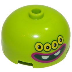 Brick, Round 3 x 3 x 1 1/3 Dome Top - Open Stud with Face, Four Yellow Eyes with Black Pupils and Outlines and Black Open Mouth Wide Smile with Two White Teeth and Magenta Outline Pattern