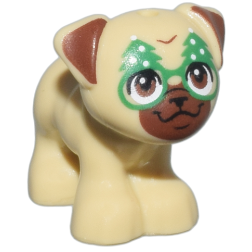Деталь LEGO 24111pb06 Dog, Friends Style, Pug, Standing with Reddish Brown Muzzle, Ears and Eyes, Black Nose, Mouth and Eyelashes, Green and White Christmas Tree Glasses Pattern