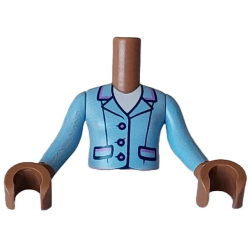 Torso Mini Doll Girl Bright Light Blue Jacket with Medium Lavender Buttons, Pockets and Collar Edges over White Shirt Pattern, Medium Brown Arms with Hands with Bright Light Blue Long Sleeves
