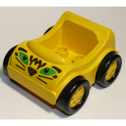 Duplo Car with Molded Yellow Wheels and Black Smooth Tires with Green Eyes, Black Nose, Whiskers, and Markings Pattern Duplo Car with Molded Yellow Wheels and Black Smooth Tires with Green Eyes, Black Nose, Whiskers, and Markings Pattern