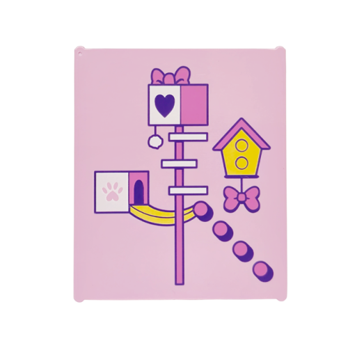Деталь LEGO 42509pb19 Glass for Window 1 x 6 x 6 Flat Front with Dark Pink, Dark Purple, Yellow and White Pet Houses, Bows, Paw Print and Heart Pattern
