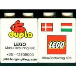 Duplo, Brick 2 x 2 x 2 with LEGO Logo, Duplo Logo, Danish and Hungarian Flag Pattern-LEGO Factory Hungary Promotional (Version without Postal Address) Duplo, Brick 2 x 2 x 2 with LEGO Logo, Duplo Logo, Danish and Hungarian Flag Pattern-LEGO Factory Hungary Promotional (Version without Postal Address)