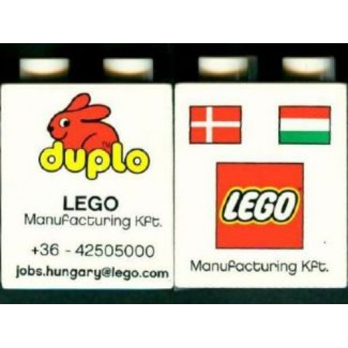 Деталь LEGO 31110pb042 Duplo, Brick 2 x 2 x 2 with LEGO Logo, Duplo Logo, Danish and Hungarian Flag Pattern-LEGO Factory Hungary Promotional (Version without Postal Address)