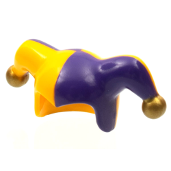 Minifigure, Headgear Jester's Cap with Dark Purple Left Side and Gold Pom Poms Pattern Minifigure, Headgear Jester's Cap with Dark Purple Left Side and Gold Pom Poms Pattern