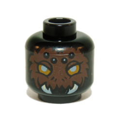 Minifigure, Head Alien Chima Spider with Bright Light Orange Eyes, Reddish Brown Fur, Black and White Spots on Forehead, and White Fangs Pattern