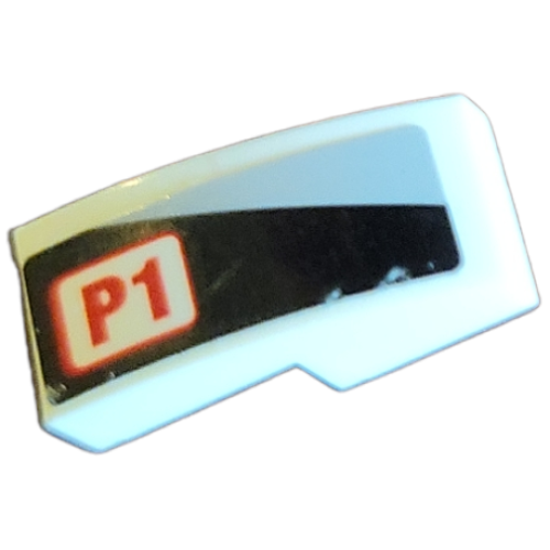 Деталь LEGO 11477pb143R Slope, Curved 2 x 1 x 2/3 with Light Bluish Gray Triangle and Red 'P1' on Black Background Pattern Model Right Side (Sticker) - Set 75872