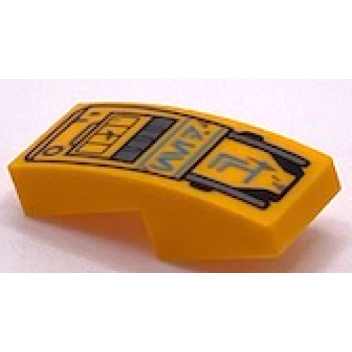 Деталь LEGO 11477pb147 Slope, Curved 2 x 1 x 2/3 with Medium Azure Aurebesh Characters 'NED', Silver Circle and Markings and Black Outline Pattern (NED-B Loader Droid Backpack)