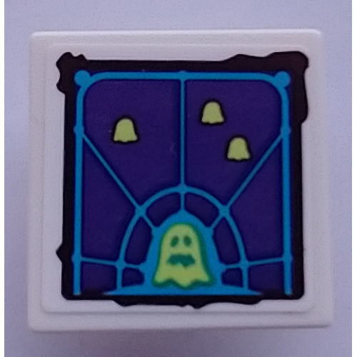 Деталь LEGO 15210pb096 Road Sign 2 x 2 Square with Open O Clip with Dark Purple Screen with Dark Azure Grid, Yellowish Green Ghosts Pattern (Sticker) - Set 70423