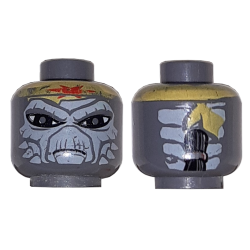 Minifigure, Head Alien SW Weequay with Light Bluish Gray Face, Large Black Eyes, Yellow Bandana with Red Star, Frown, Ponytail with Band on Back Pattern