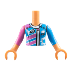 Torso Mini Doll Girl Dark Pink and Dark Azure Racing Jacket Pattern, Nougat Arms with Hands with Dark Pink Right Sleeve, Dark Azure Left Sleeve