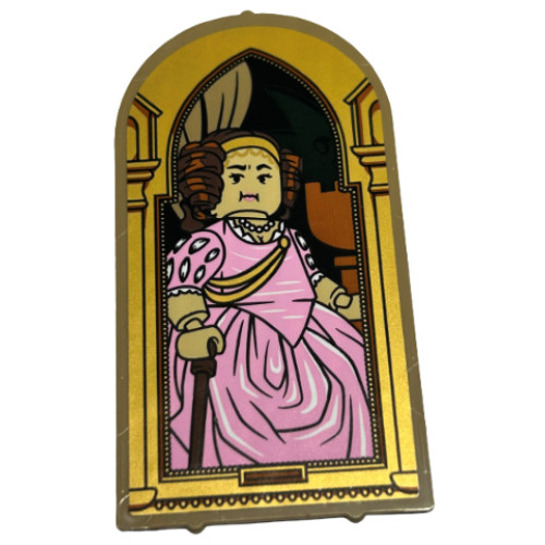 Деталь LEGO 65066pb07 Glass for Door Frame 1 x 6 x 7 Arched with Notches and Rounded Pillars with Female Minifigure in Bright Pink Dress with Wand (HP The Fat Lady) in Gold Archway Pattern (Sticker) - Set 40577