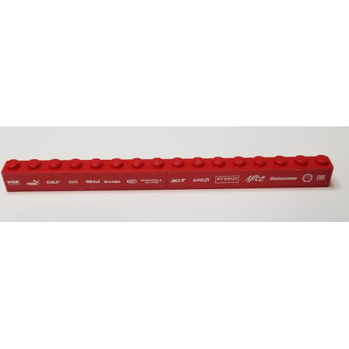 Деталь LEGO 2465pb26 Brick 1 x 16 with 'NGK SPARK PLUGS', 'PUMA', 'SKF', 'IIR', 'MAHLE', 'BREMBO', 'MAGNETTI MARELLI', 'MUBADALA ABU DHABI' and 'ACER' Pattern (Stickers) - Set 8185