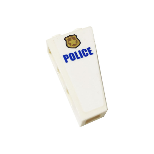 Деталь LEGO 2449pb014L Slope, Inverted 75 2 x 1 x 3 with Blue 'POLICE' and Gold Police Badge Pattern Model Left Side (Sticker) - Set 60141