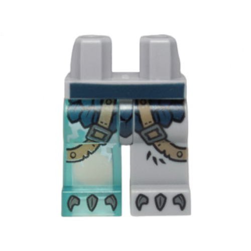Деталь LEGO 970d25pb01 Hips and 1 Light Bluish Gray Left Leg, 1 Trans-Light Blue Right Leg with Dark Blue Armor with Scales, Dark Tan Straps and Gray Talons Pattern