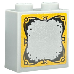 Brick, Modified 1 x 2 x 1 2/3 with Studs on Side with Silver Mirror with Black and Bright Light Orange Ornate Framed Border Pattern (Sticker) - Set 76410