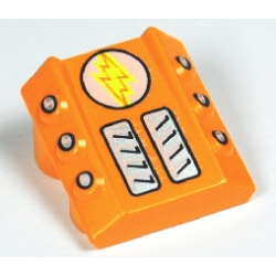 Brick, Modified 2 x 2 No Studs, Sloped with 6 Side Pistons Raised with Yellow Lightning Bolt on White Circle, Air Vents Pattern