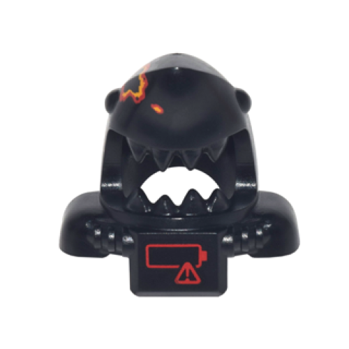 Деталь LEGO 25113pb01 Minifigure, Headgear Mask Shark Head with Open Mouth with Red and Yellow Splotch, Shoulder Pads and Front Panel and Red Low Battery Warning Pattern