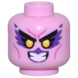 Minifigure, Head Alien Female Black Eyebrows, Dark Purple Feathers and Lips, Yellow Eyes, and Dark Pink Cheek Lines Pattern