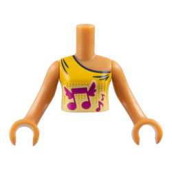 Torso Mini Doll Girl Bright Light Orange Vest Top with Winged Music Notes Pattern, Medium Nougat Arms with Hands