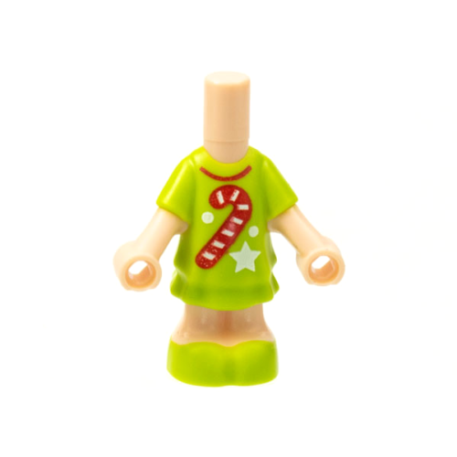 Деталь LEGO 69969pb06 Micro Doll, Body with Molded Lime Short Layered Dress and Shoes and Printed Red Candy Cane and Collar, White Star and Dots Pattern