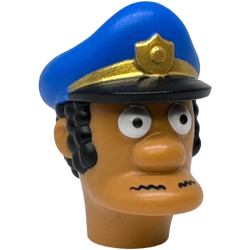 Minifigure, Head, Modified Simpsons Officer Lou with Blue Police Hat with Molded Black Hair and Printed Eyes, Moustache, Bill and Gold Badge Pattern