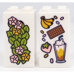 Brick 2 x 2 x 3 with Bright Pink and Yellow Flowers and Lime Leaves / Bananas, Chocolate Bar, Strawberry and Milkshake Pattern on Both Sides (Stickers) - Set 41426