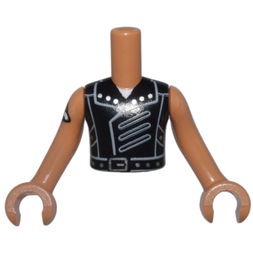 Деталь LEGO FTBpb111c01 Torso Mini Doll Boy Black Vest, Light Bluish Gray Collar and Panels, Silver Buckle and Studs, White Neck Pattern, Medium Nougat Arms with Hands with Red Heart Tattoo Pattern