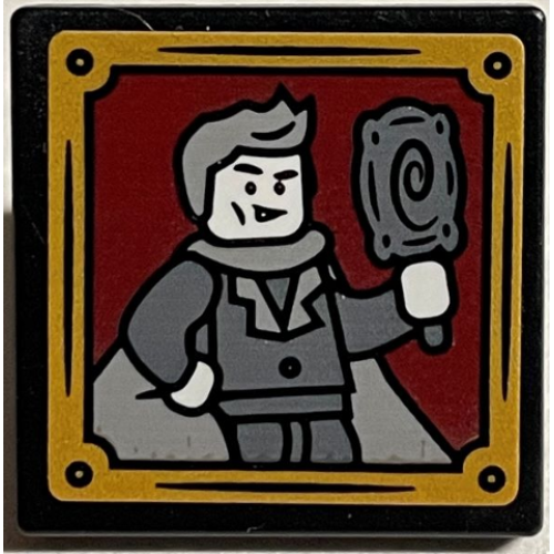 Деталь LEGO 15210pb115 Road Sign 2 x 2 Square with Open O Clip with Gilderoy Lockhart with Mirror and Gold Frame Pattern (Sticker) - Set 76389