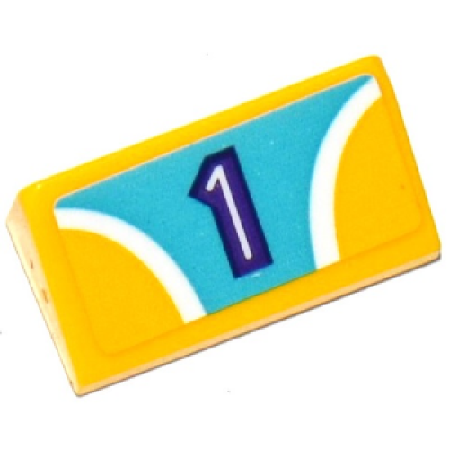 Деталь LEGO 85984pb152 Slope 30 1 x 2 x 2/3 with 2 Yellow Quadrants, Curved White Stripes and Dark Purple Number 1 on Medium Azure Background Pattern (Sticker) - Set 41133